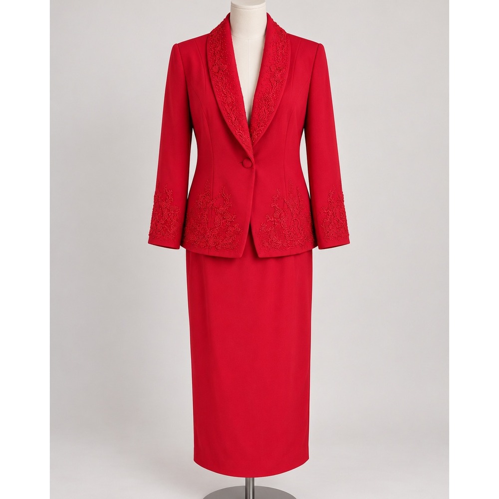 St. Anthony Evening Red Skirt Suit Set Beaded Embroidered Blazer Maxi Skirt 8